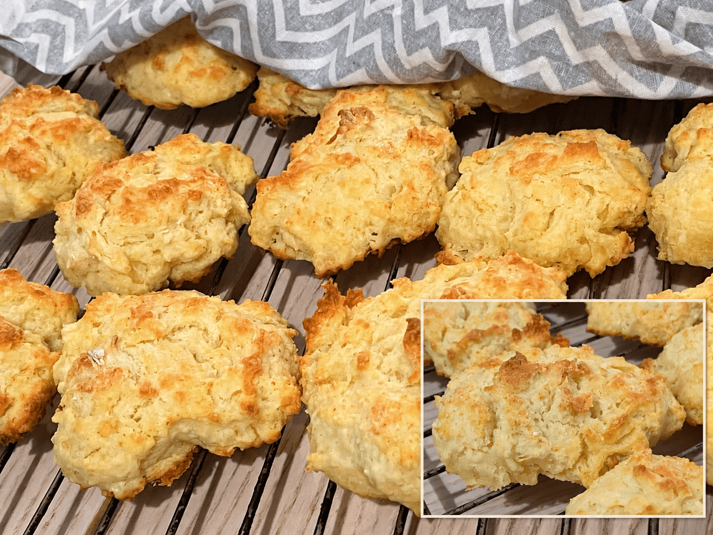 Breakfast scones on a cooling rack, with a close-up inset.