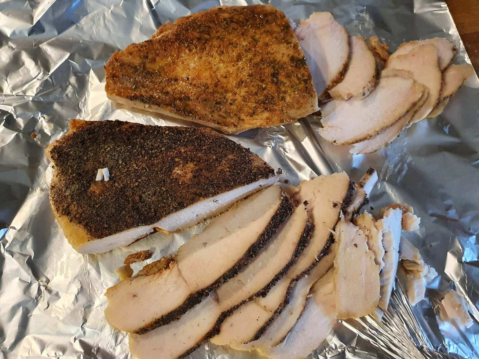 Homemade deli chicken, sliced and ready to serve.