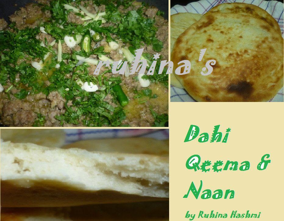 Dahi qeema and freshly baked naan, garnished with coriander and green chillies.