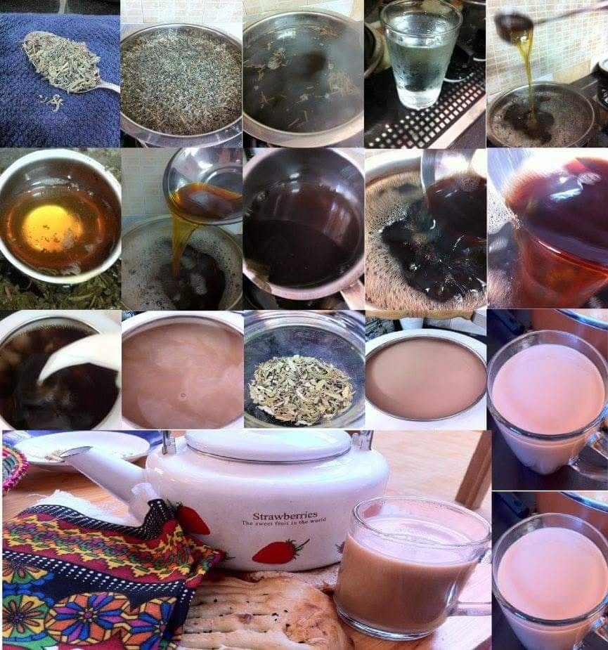 A collage showing the preparation and changing colour of Kashmiri sheer chai.